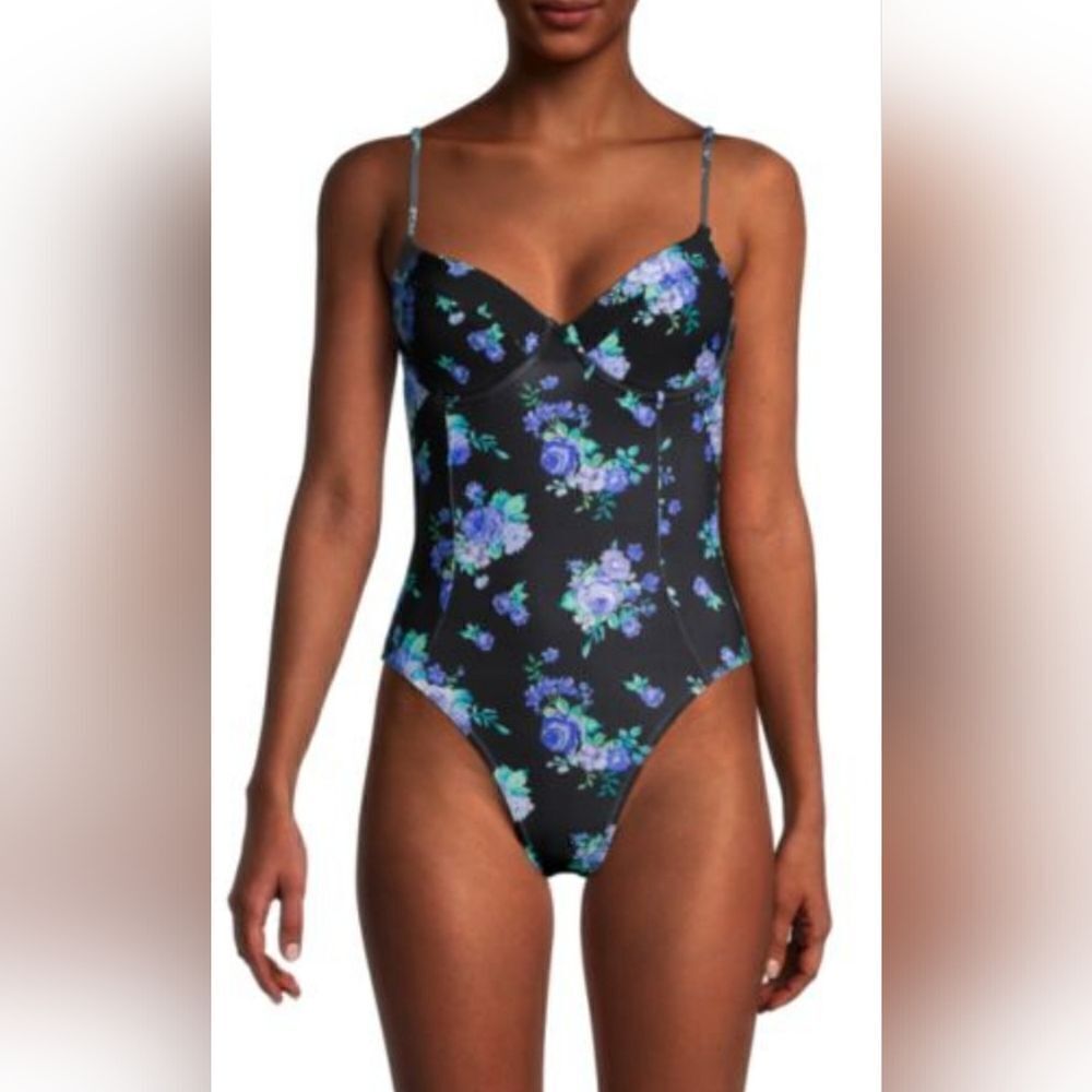 WeWoreWhat Floral Underwire One-Piece Swimsuit NWOT size Small black/purple